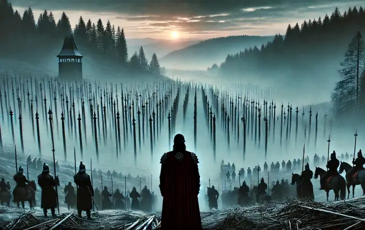 Sisli bir vadide dizilmiş yüzlerce kazığın karşısında duran Vlad Tepeş’i ve ona bakan Osmanlı askerlerini gösteren dramatik sahne.